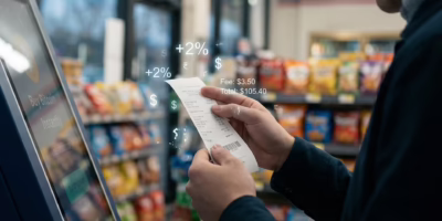 Realistic editorial photo of a person holding and looking at a printed receipt in front of a @americabitcoin atm, subtle floating numbers and percentage symbols around the receipt, representing fees and final cost, convenience store interior, soft cinematic lighting, shallow depth of field, professional financial journalism style, high detail, United States setting